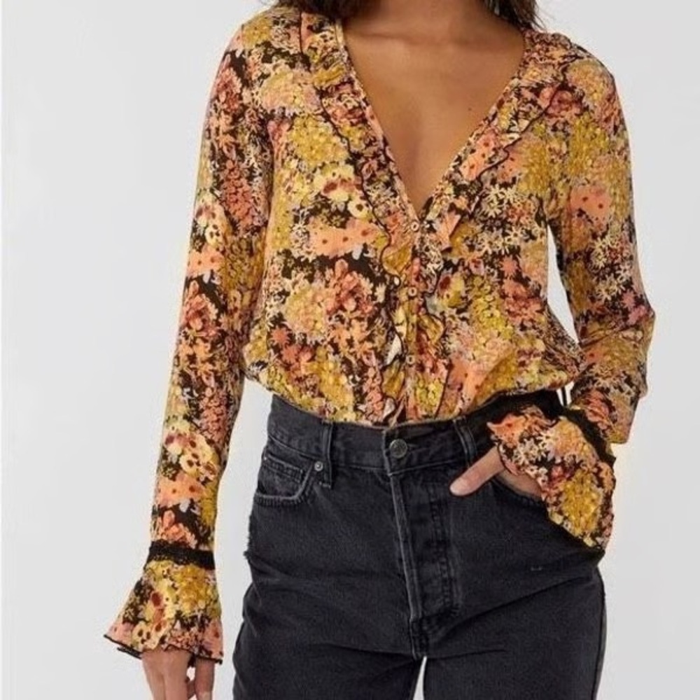 Free People - Heat Wave Bright Floral Long Sleeve Ruffle Lace Bodysuit Size XS